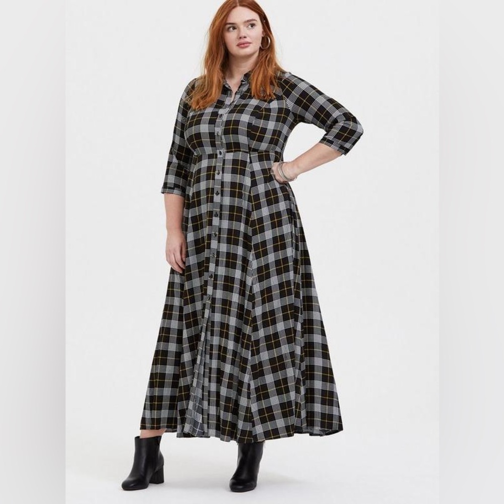 Torrid Plaid Maxi Shirt Dress Duster Long Sleeve Yellow Black White - Sz 2 - Picture 15 of 16